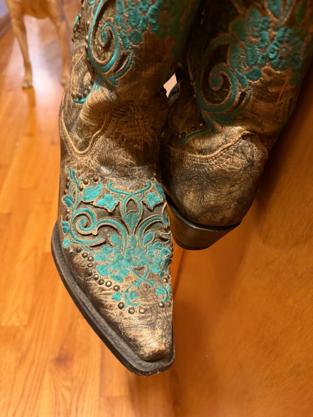 Corral Bronze Leather Cowboy Boots with Turquoise Embroidery